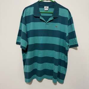 Lacoste Men's Striped Green and Blue Polo Shirt Old Money